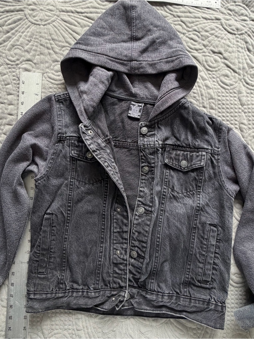 Ring of Fire Hooded Denim Jacket Gray Black Snap Front Youth Large L Hybrid